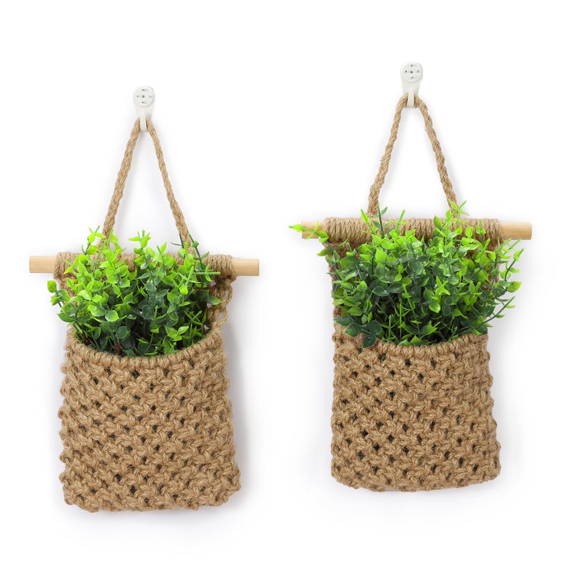 Shineloha 2 Packs Macrame Wall Planters with Artificial Eucalyptus | Macrame Plant Hanger, Wall Plant Holders for Boho, Bathroom, Bedroom & Wall Hanging Decor (2 Packs, Brown) - Image 1