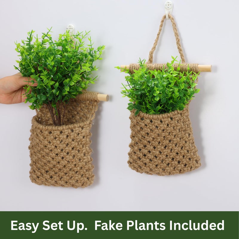 Shineloha 2 Packs Macrame Wall Planters with Artificial Eucalyptus | Macrame Plant Hanger, Wall Plant Holders for Boho, Bathroom, Bedroom & Wall Hanging Decor (2 Packs, Brown) - Image 5