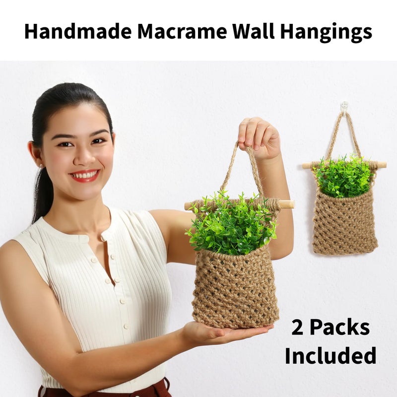 Shineloha 2 Packs Macrame Wall Planters with Artificial Eucalyptus | Macrame Plant Hanger, Wall Plant Holders for Boho, Bathroom, Bedroom & Wall Hanging Decor (2 Packs, Brown) - Image 4