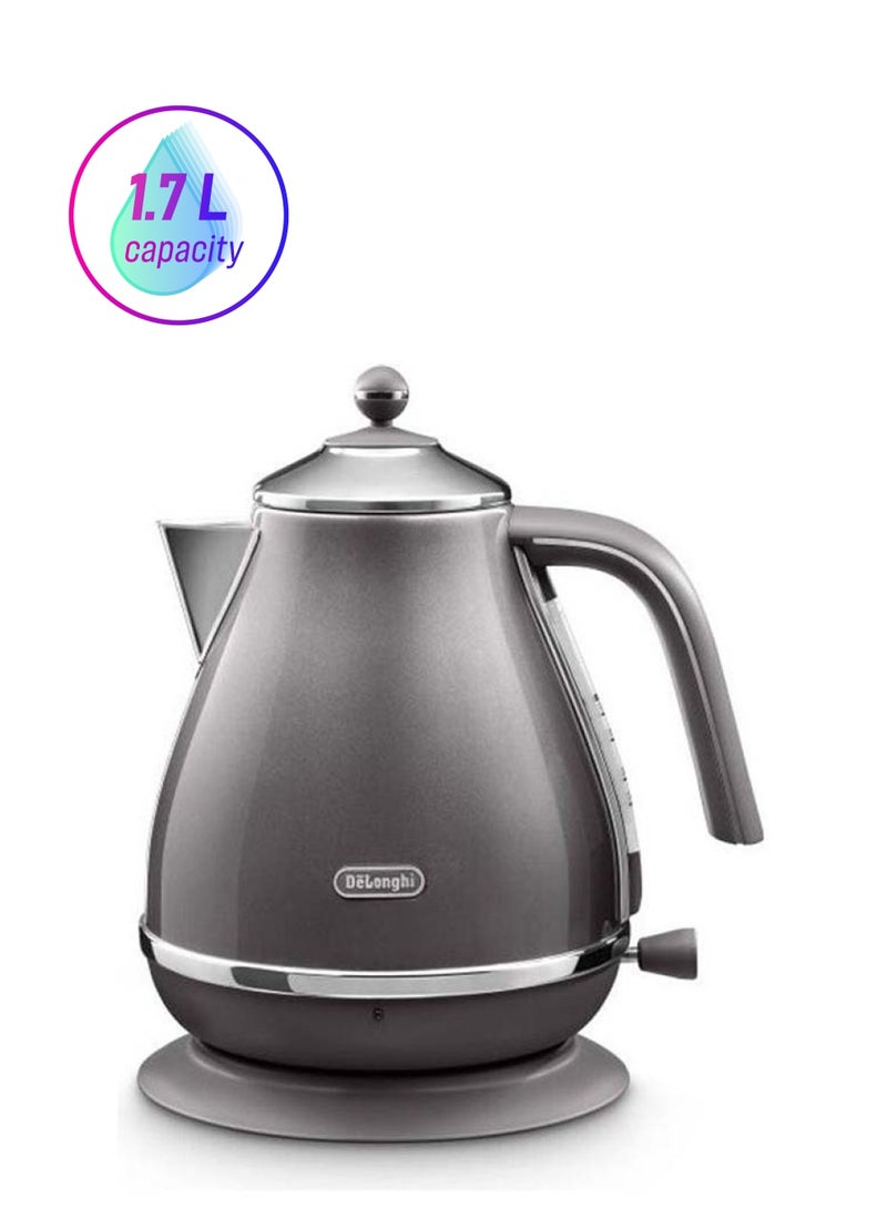 De'Longhi Icona Capitals Grey Vintage Style Kettle, 1.7 L Capacity with Water Level Indicator, 360 Swivel Base, Anti-Slip Feet, Soft Opening Lid, Premium Stainless Steel 1.7 L 3000 W KBOT3001.GY Grey - Image 1