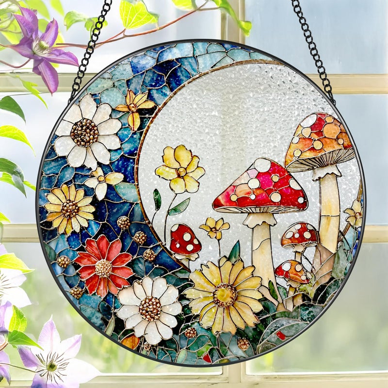 LAOWEIKI 8 Inch Mushroom Suncatcher, Stained Glass Mushrooms Home Decor, Stained Glass Window Hanging, Plant Lover Gifts for Women, Birthday Gifts for Her Mom Grandma, Idea Gift, Gift Exchange - Image 1