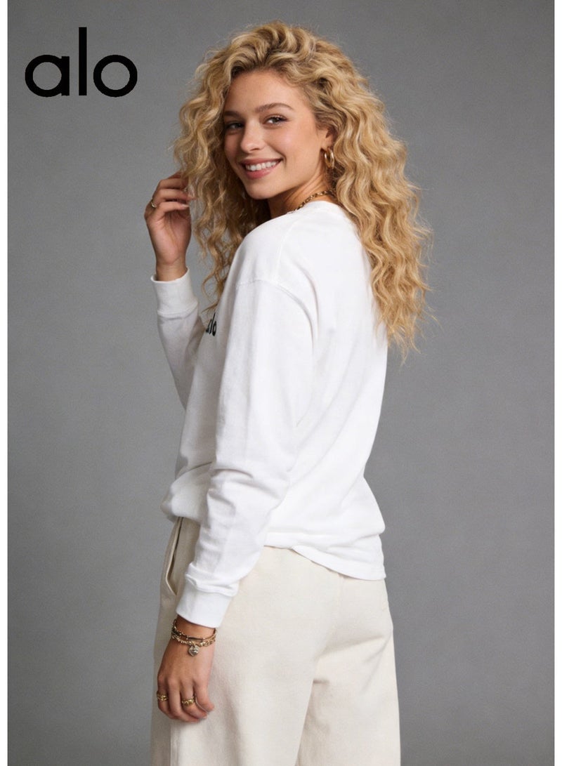 Alo World loose casual long-sleeved round neck T-shirt-100% cotton 250G with logo for men and women, casual fashion clothes. - Image 4