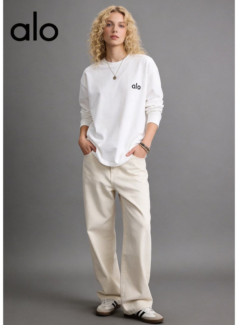 Alo World loose casual long-sleeved round neck T-shirt-100% cotton 250G with logo for men and women, casual fashion clothes. - Image 2