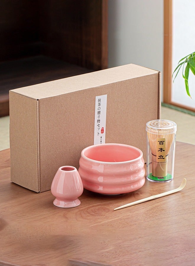 Squarecircle Japanese Matcha Set 4-Piece Ceramic Matcha Bowl Bamboo Whisk Spoon Whisk Holder Coarse Handmade Traditional Tea Ceremony Kit Natural Matcha Gift Pink for Daily Use - Image 3
