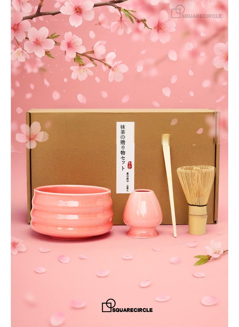 Squarecircle Japanese Matcha Set 4-Piece Ceramic Matcha Bowl Bamboo Whisk Spoon Whisk Holder Coarse Handmade Traditional Tea Ceremony Kit Natural Matcha Gift Pink for Daily Use - Image 1