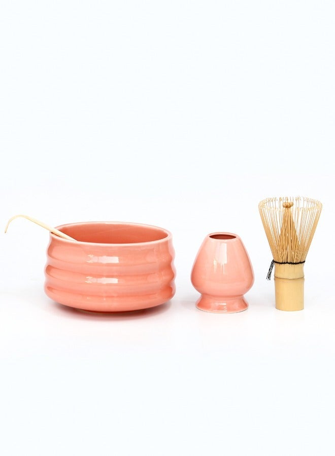 Squarecircle Japanese Matcha Set 4-Piece Ceramic Matcha Bowl Bamboo Whisk Spoon Whisk Holder Coarse Handmade Traditional Tea Ceremony Kit Natural Matcha Gift Pink for Daily Use - Image 5