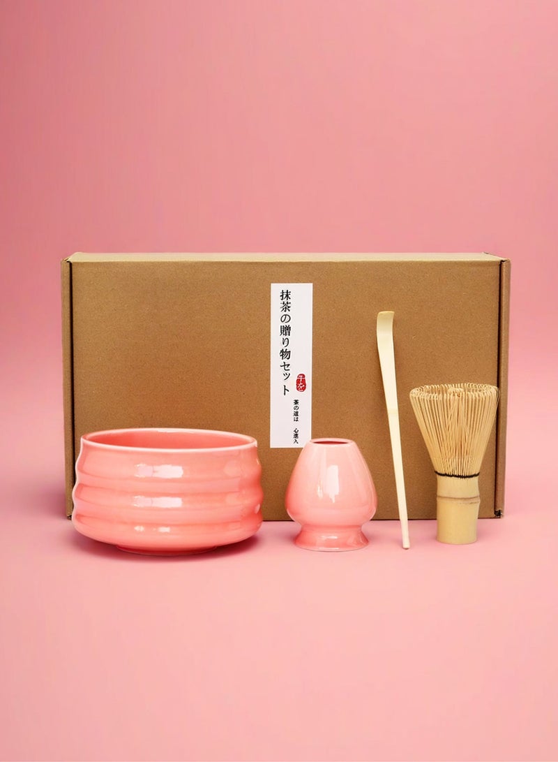 Squarecircle Japanese Matcha Set 4-Piece Ceramic Matcha Bowl Bamboo Whisk Spoon Whisk Holder Coarse Handmade Traditional Tea Ceremony Kit Natural Matcha Gift Pink for Daily Use - Image 2