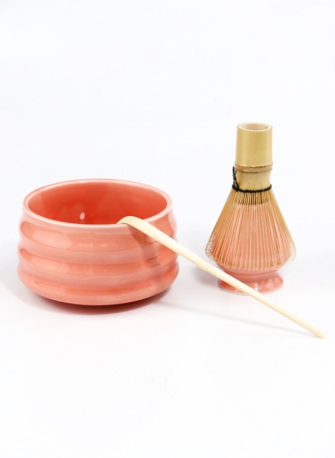 Squarecircle Japanese Matcha Set 4-Piece Ceramic Matcha Bowl Bamboo Whisk Spoon Whisk Holder Coarse Handmade Traditional Tea Ceremony Kit Natural Matcha Gift Pink for Daily Use - Image 4