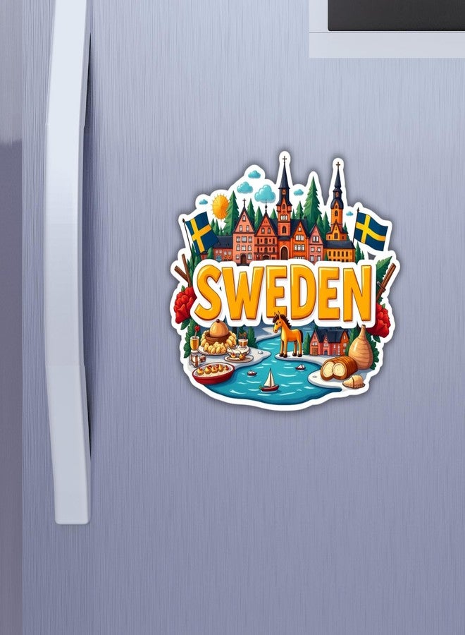 GiftOday Sweden Country Theme Souvenir Wooden Refrigerator Stylish Fridge Magnet - Perfect Souvenir Gift for Brother, Sister, Kids | Kitchen Decor | Fridge Decoration | Size 3x3 Inches | Pack of 1 - Image 1