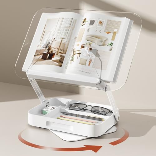 BYMECOST Acrylic Book Stand with Storage, Adjustable Book Holder for Reading with 360° Rotating Bases, Foldable Desktop Riser Stand, Elastic Clips for Cookbook Recipe Magazines Tablets, Laptops (Clear) - Image 1