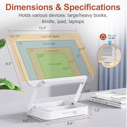 BYMECOST Acrylic Book Stand with Storage, Adjustable Book Holder for Reading with 360° Rotating Bases, Foldable Desktop Riser Stand, Elastic Clips for Cookbook Recipe Magazines Tablets, Laptops (Clear) - Image 2