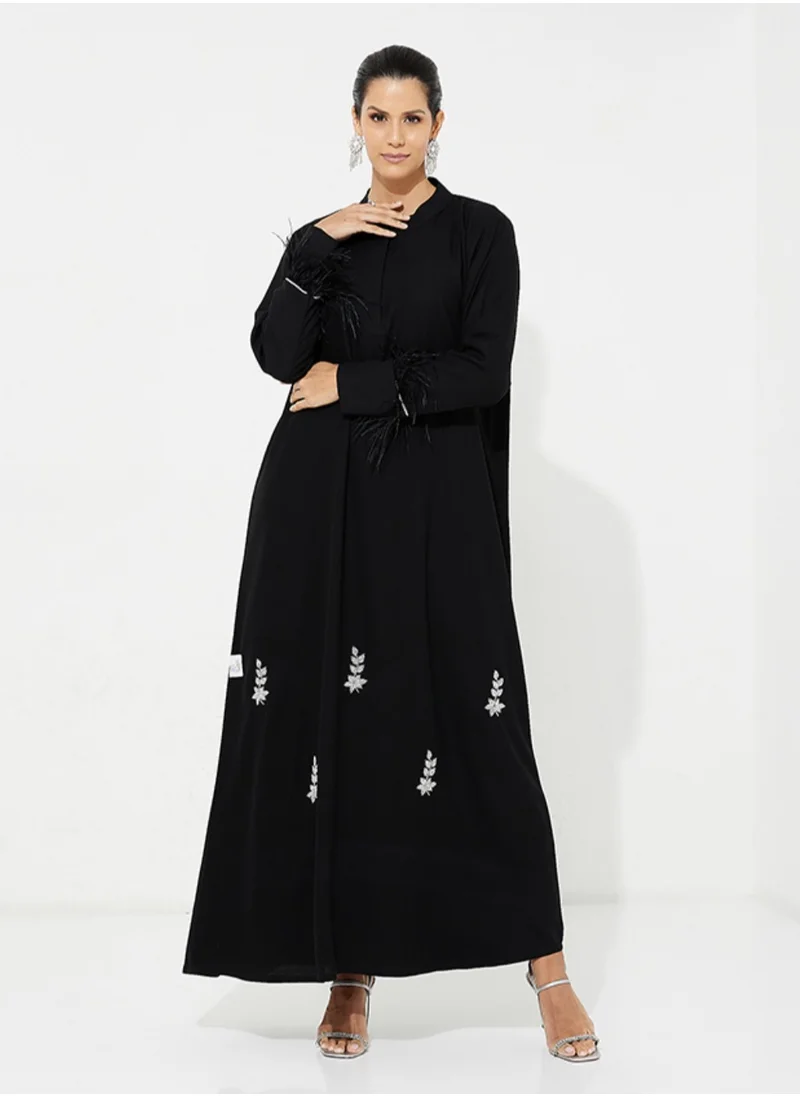 Rosette Abaya Embroidered Abaya with Feathers Sleeves