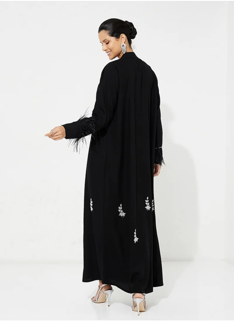 Rosette Abaya Embroidered Abaya with Feathers Sleeves