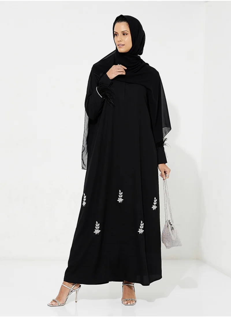 Rosette Abaya Embroidered Abaya with Feathers Sleeves