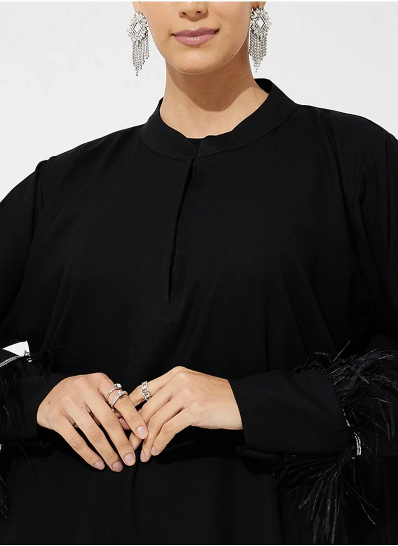 Rosette Abaya Embroidered Abaya with Feathers Sleeves