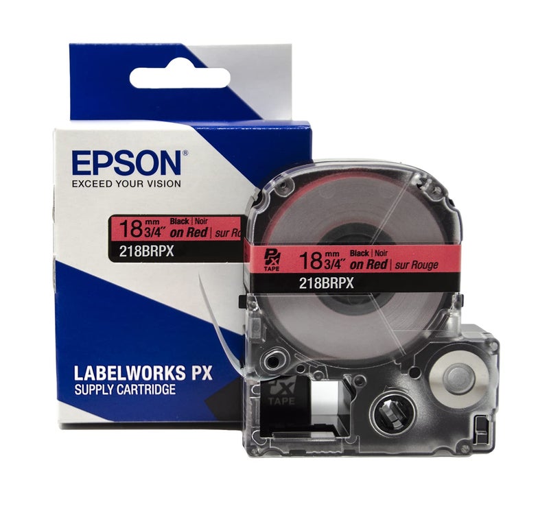 LABELWORKS Epson LABELWORKS 218BRPX Genuine PET (Polyester) Tape Cartridge - Black on Red Label Maker Tape - 3/4" (18MM) Wide, 30' - Image 1