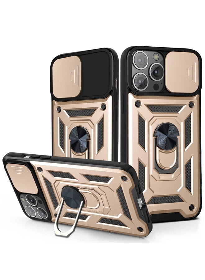 Shunjia Sliding Window Case, Shockproof Rugged Armor with Sliding Camera Cover & 360° Ring Kickstand, Compatible with Apple iPhone 13 Pro Max (Gold)