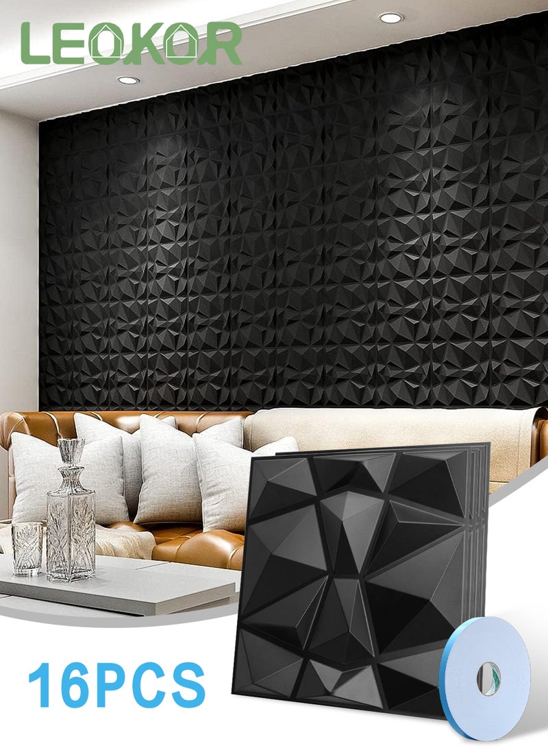 LEOKOR 16 Pieces 3D Wall Panels, Decorative PVC Wall Panels in Diamond Design, 3D Wall Panels Peel and Stick Use Double-sided Tape, for Gaming Room Bedroom TV Background Interior Wall Decor, 30 * 30cm Black - Image 1