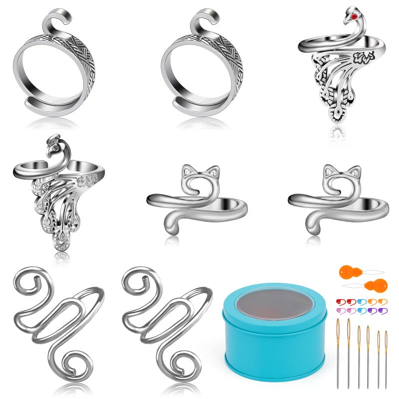 FOUSNOW 8 Pcs Crochet Ring, Adjustable Crochet Ring for Finger, Tension Rings Cat Yarn Guide Yarn Knitting Thimble, Faster Knitting Crocheting Accessories for Mother Grandma - Image 1