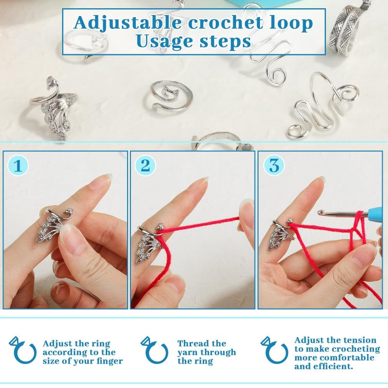 FOUSNOW 8 Pcs Crochet Ring, Adjustable Crochet Ring for Finger, Tension Rings Cat Yarn Guide Yarn Knitting Thimble, Faster Knitting Crocheting Accessories for Mother Grandma - Image 4