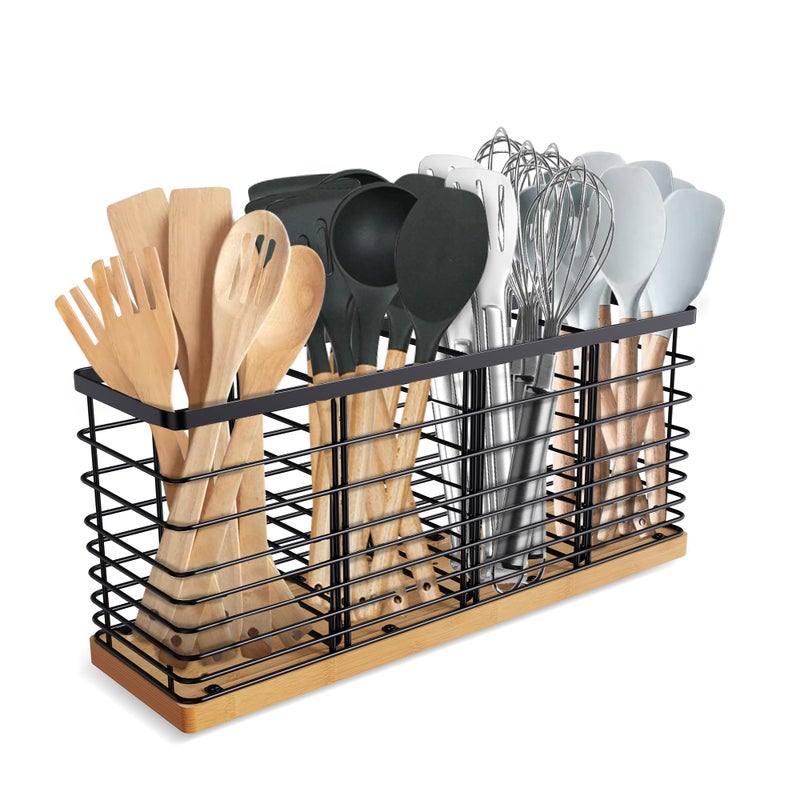 Suli Extra Large Kitchen Utensil Holder with 4 Compartmentsï¼ŒMatte Black Metal holder with Wooden Base for Countertopï¼ŒFarmhouse Utensil Organizer for counter, Rustic Cooking Utensil - Image 1