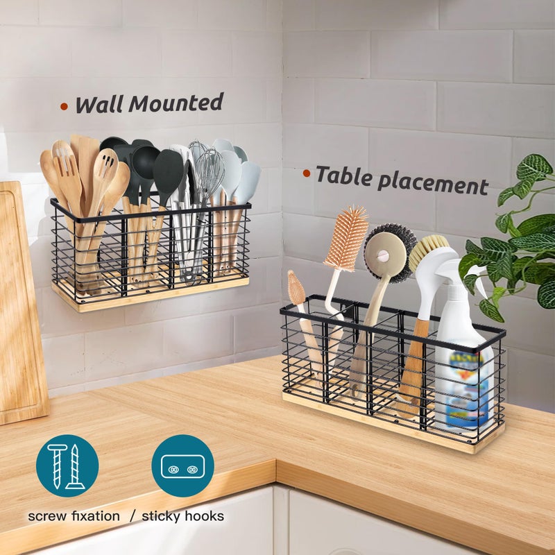 Suli Extra Large Kitchen Utensil Holder with 4 Compartmentsï¼ŒMatte Black Metal holder with Wooden Base for Countertopï¼ŒFarmhouse Utensil Organizer for counter, Rustic Cooking Utensil - Image 5