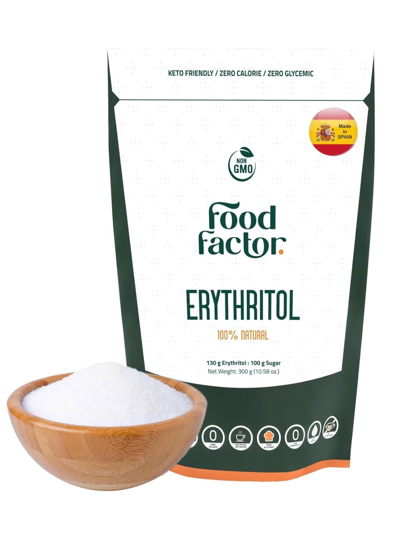 Food Factor Erythritol Sweetener Made in Spain |100% Natural, No Aftertaste, For Vegan, Keto-Friendly, Zero sugar, Zero Calorie Suitable For Diabetic Patient | 300G (10.58 Oz) 