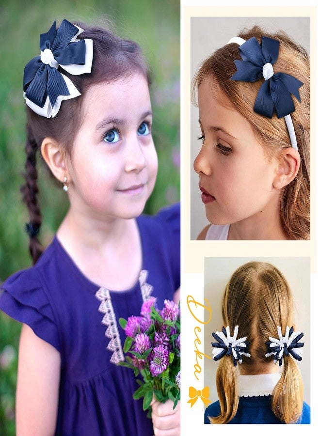 DEEKA Navy & White School Hair Accessories Set 13 Pcs Uniform Hair Bow Headband Clips Hair Ties Curly Korker Bows for Little Toddler School Girls (Navy&White) - Image 4