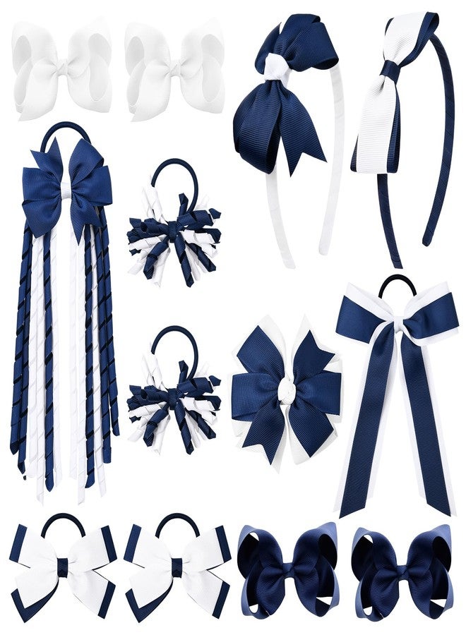 DEEKA Navy & White School Hair Accessories Set 13 Pcs Uniform Hair Bow Headband Clips Hair Ties Curly Korker Bows for Little Toddler School Girls (Navy&White) - Image 1