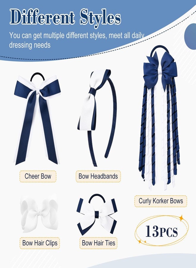 DEEKA Navy & White School Hair Accessories Set 13 Pcs Uniform Hair Bow Headband Clips Hair Ties Curly Korker Bows for Little Toddler School Girls (Navy&White) - Image 2
