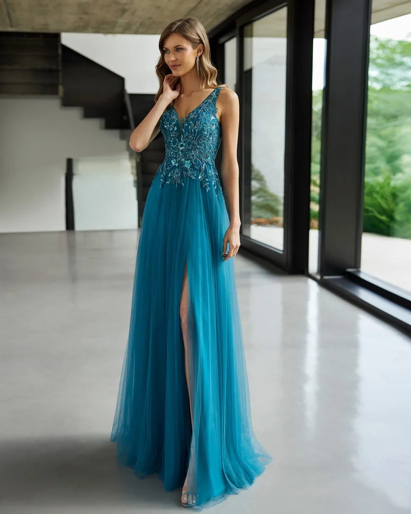روسا كلارا Marfil Barcelona Tulle Long Lace Cocktail Dress