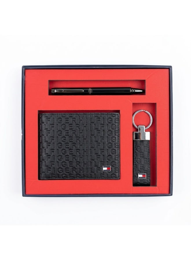 Men's Leather Wallet Gift Set with Ballpoint Pen & Keychain - Black Bifold Monogram Box Set for Men