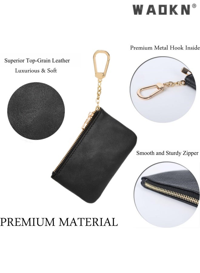 WAOKN Full Grain Leather Coin Purse With Key Chain - Small Change Purse Card Holder Keychain Pouch Wallet for Women and Men ,Mini ultra-thin storage wallet,Waterproof, ultra light, wear-resistant,11*7*1.5cm,Black. - Image 3
