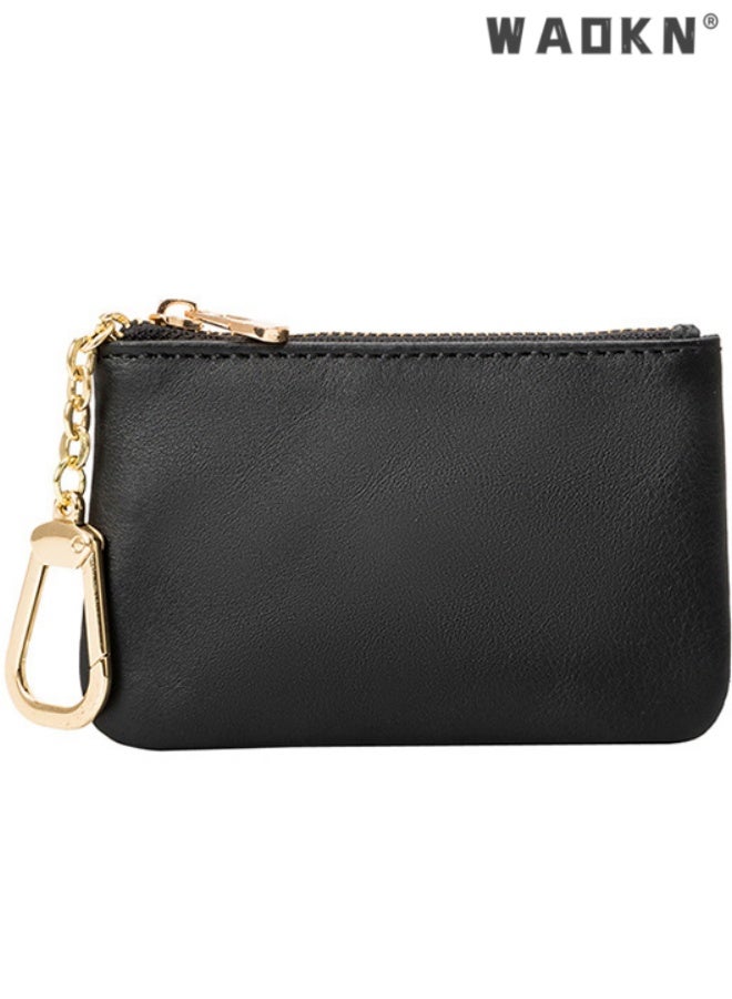 WAOKN Full Grain Leather Coin Purse With Key Chain - Small Change Purse Card Holder Keychain Pouch Wallet for Women and Men ,Mini ultra-thin storage wallet,Waterproof, ultra light, wear-resistant,11*7*1.5cm,Black. - Image 1