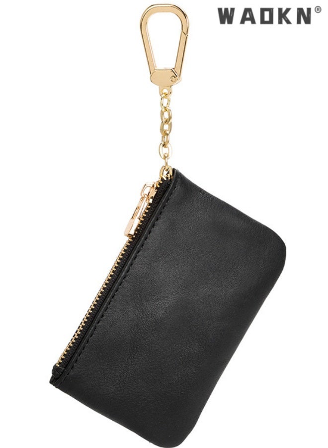 WAOKN Full Grain Leather Coin Purse With Key Chain - Small Change Purse Card Holder Keychain Pouch Wallet for Women and Men ,Mini ultra-thin storage wallet,Waterproof, ultra light, wear-resistant,11*7*1.5cm,Black. - Image 2