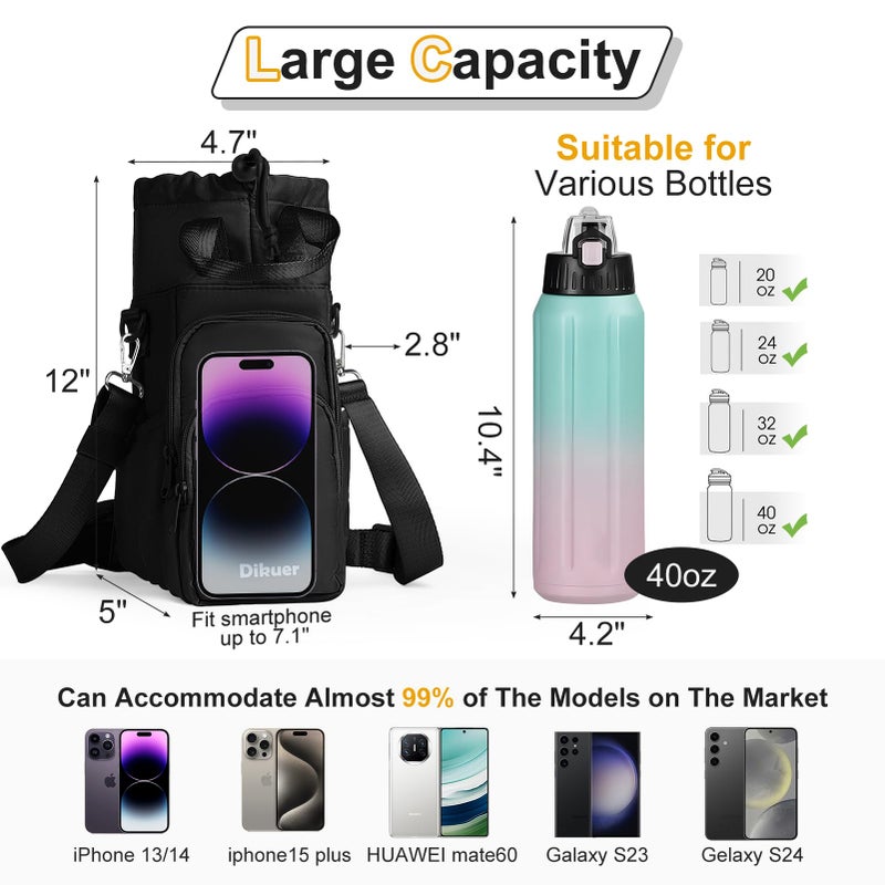 Dikuer Water Bottle Holder with Strap, 4 Big Pockets with Compartment, 24oz/32oz/40oz Crossbody Water Bottle Carrier Bag - Image 2