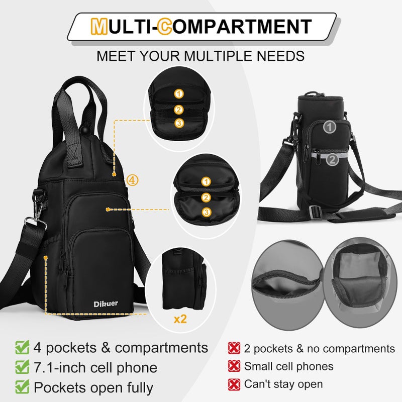 Dikuer Water Bottle Holder with Strap, 4 Big Pockets with Compartment, 24oz/32oz/40oz Crossbody Water Bottle Carrier Bag - Image 4