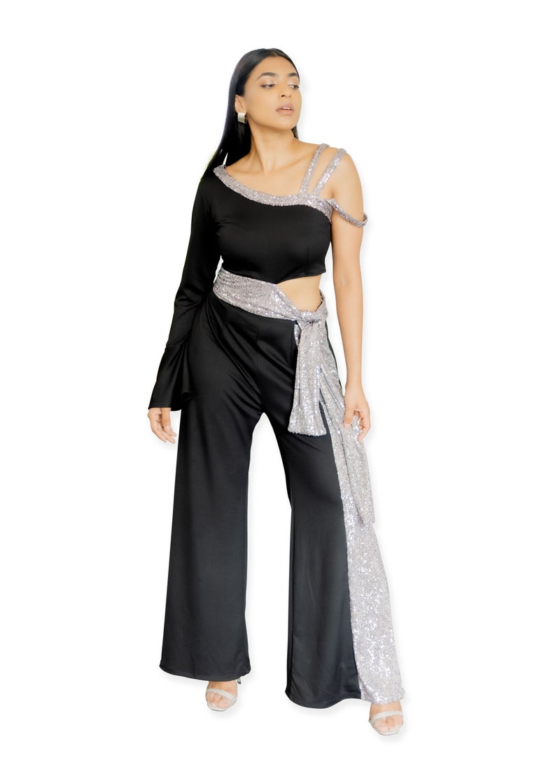CH Glamstore Single Sleeved Crop Top and Wide Leg Pant Set  - Image 1