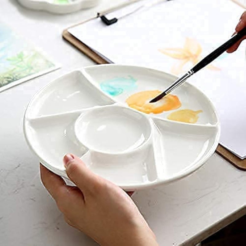 kiki home Ceramic Artist Paint PalletTrayPaletteEasy to Clean Porcelain Mixing Tray for Watercolor Gouache Painting6 Wells8 inch White Round 
