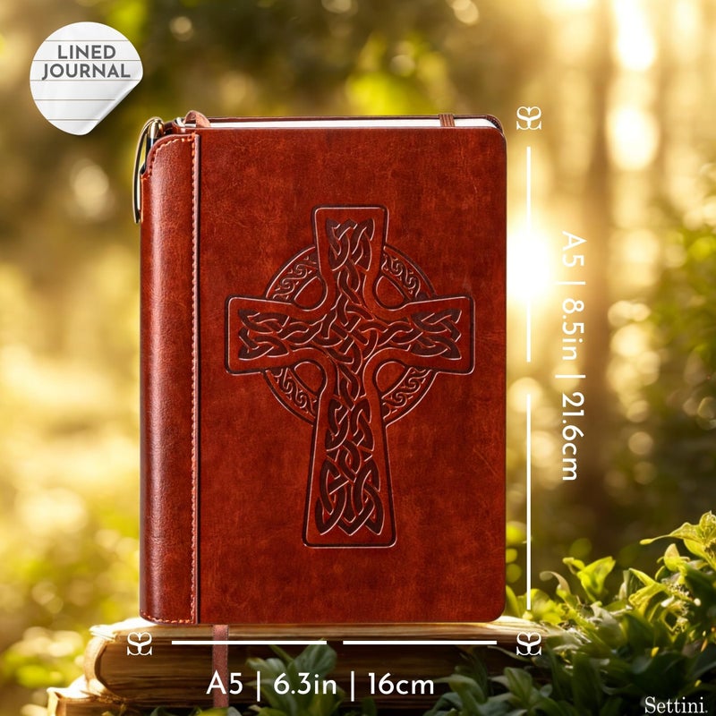 SETTINIÂ® Lined Journal - Celtic Cross Journal for Writing Gift Set - Hardcover Vegan Leather, Includes Luxury Pen in a Unique Pen Holder, 192 Pages, A5, Bible Journal, Journal for Men & Women - Image 3