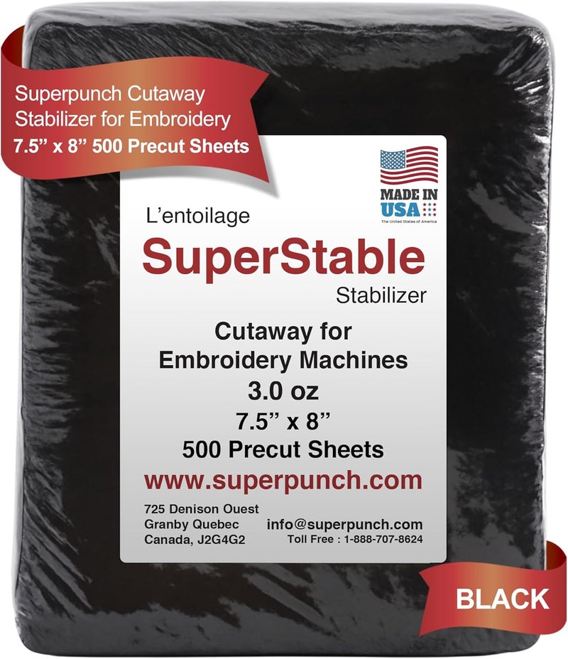 Superpunch Cutaway 3.0 oz Stabilizer, SuperStable Black Thick Cut Away for Embroidery – 7.5 inch x 8 inch, 500 Precut Sheets Superstable Machine Stabilizers Backing, Made in USA (Black) - Image 1