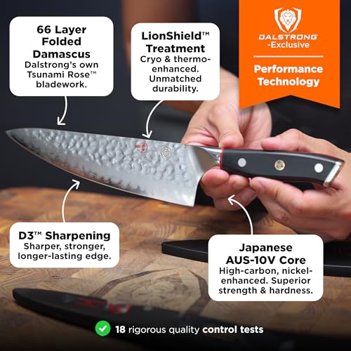 Dalstrong Professional Chef Knife - 8” Blade - Shogun Series ELITE - Damascus Chef Knife - Japanese AUS-10V Super Steel - G10 Black Handle - Razor Sharp - Chef Knife with Sheath - Image 3