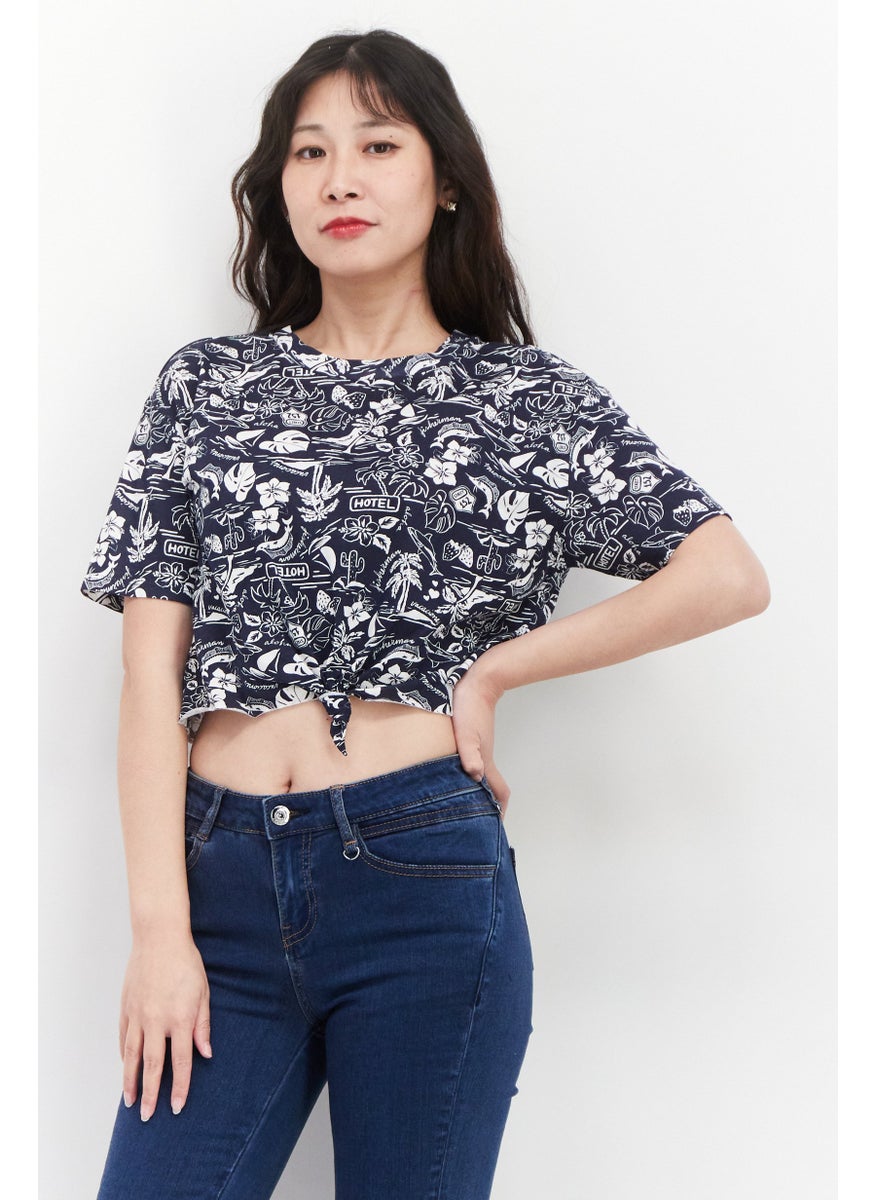Lefties Women Round Neck Short Sleeve Allover Print Top, Navy/White  - Image 1