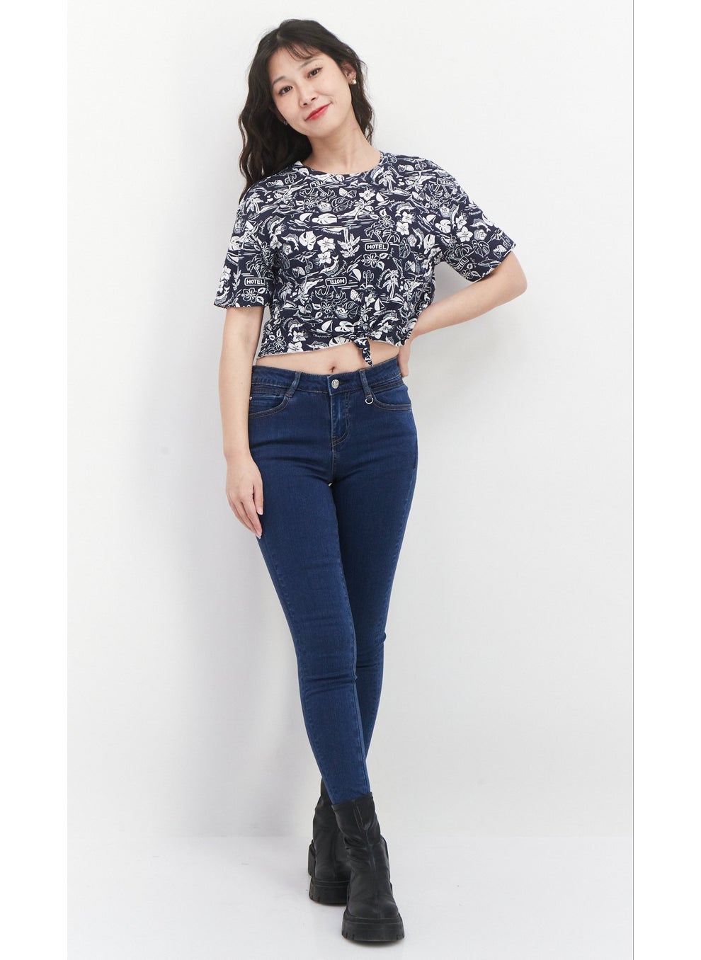 Lefties Women Round Neck Short Sleeve Allover Print Top, Navy/White  - Image 3