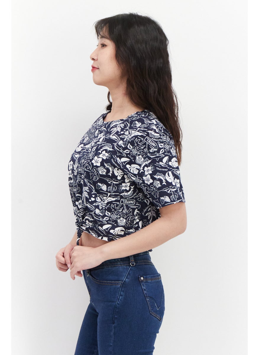 Lefties Women Round Neck Short Sleeve Allover Print Top, Navy/White  - Image 4