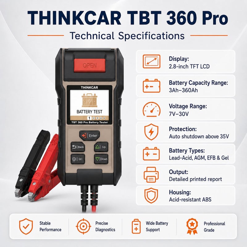 THINKCAR TBT360 Pro Battery Tester With Built-In Printer, 12V Battery Test And 12V/24V Charging System Diagnosis - Image 3