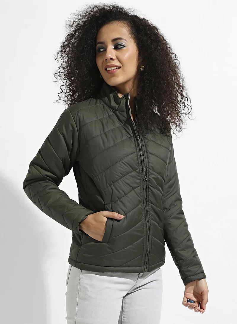 Campus Sutra Women's Olive Green Quilted Puffer Jacket With Zip Closure