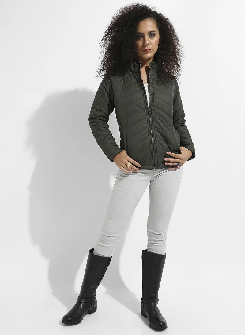 Campus Sutra Women's Olive Green Quilted Puffer Jacket With Zip Closure