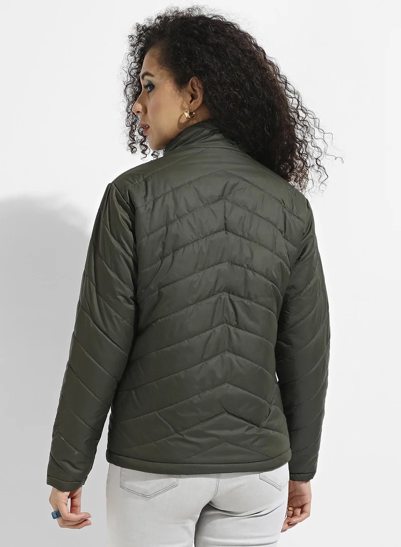 Campus Sutra Women's Olive Green Quilted Puffer Jacket With Zip Closure