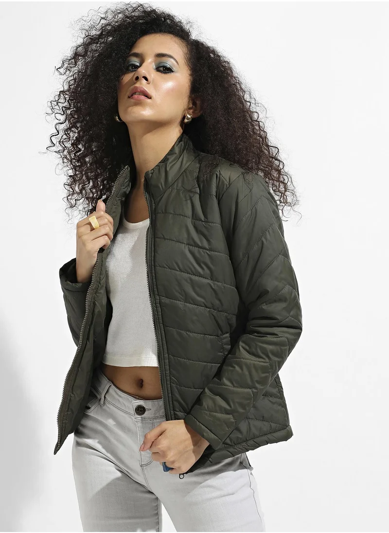 Campus Sutra Women's Olive Green Quilted Puffer Jacket With Zip Closure